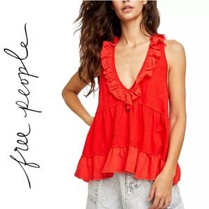 FREE PEOPLE “Out And About” Linen-Blend Ruffle Tiered Deep V-Neck Tank Top Red S